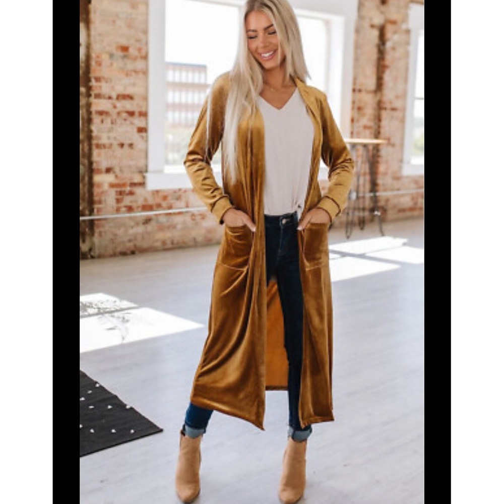Velvet Duster Robe Open Front Pockets‎ Long Sleeve Loungewear